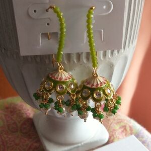 Green Enamel Jhumka Earrings with Bead Dangling Details
